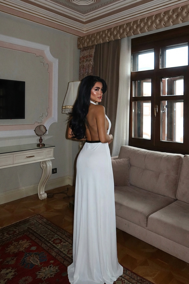Beyaz Giselle Fiyonk Detaylı Yırtmaçlı Elbise