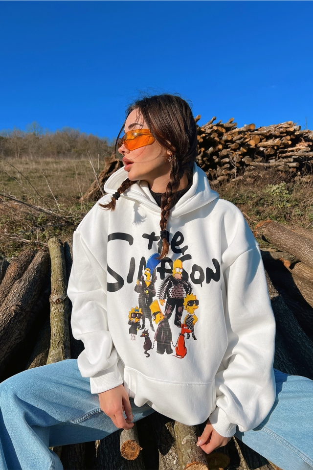 Beyaz Önü Baskılı Hoodie Sweat ATE3148