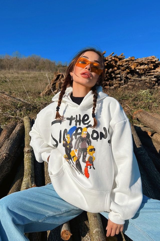 Beyaz Önü Baskılı Hoodie Sweat ATE3148