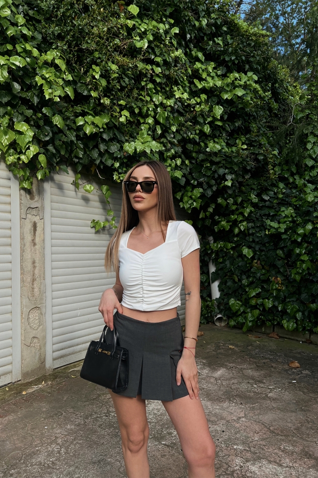 Beyaz Önü Büzgülü Crop Top ATE6411