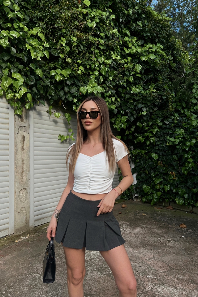 Beyaz Önü Büzgülü Crop Top ATE6411