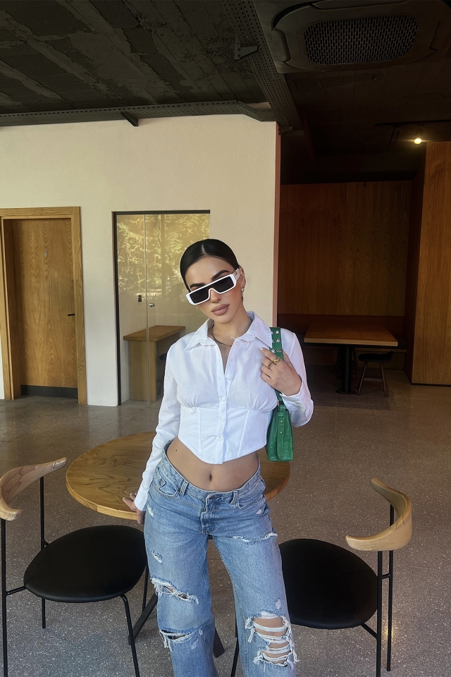 Beyaz Önü Düğmeli Crop Gömlek ATE3827 - EYYO