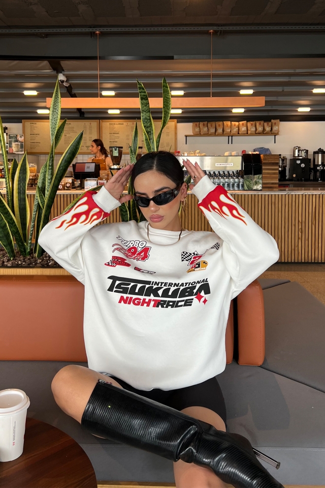 Beyaz Racing Baskılı Sweatshirt ATE2555 - EYYO