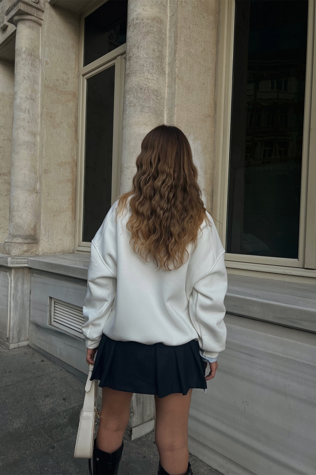 Beyaz Santa Monica Baskılı Sweat ATE2397