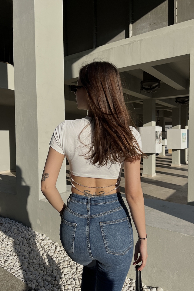 Beyaz Sırt Detay Crop Top ATE5123
