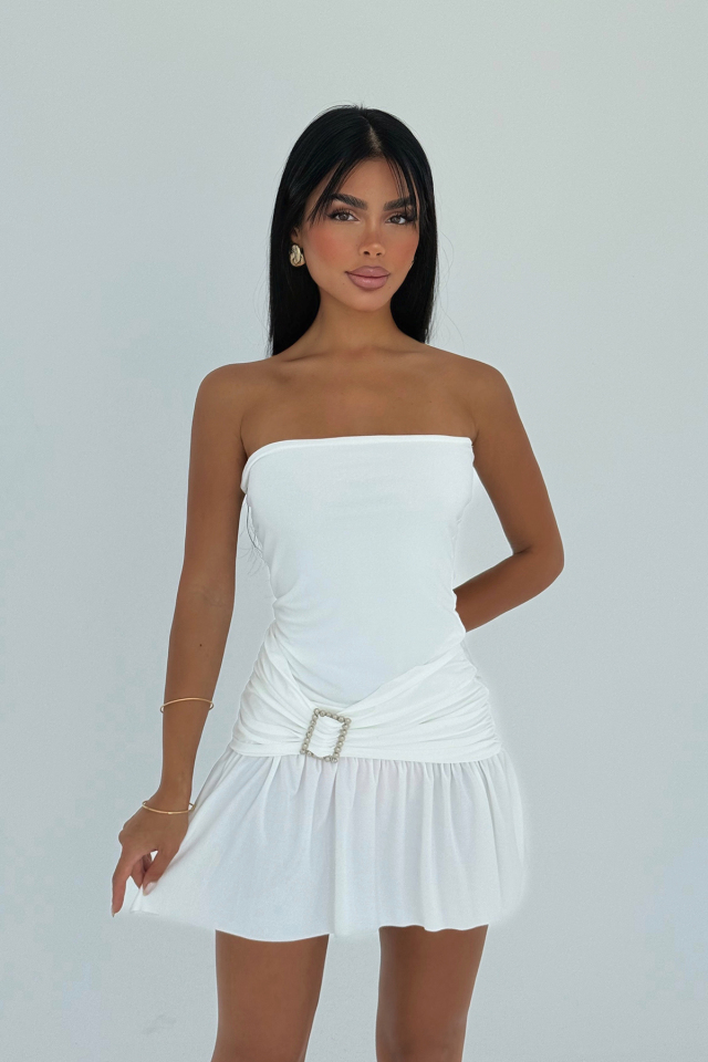 Beyaz Jody Mini Taş Aksesuarlı Elbise