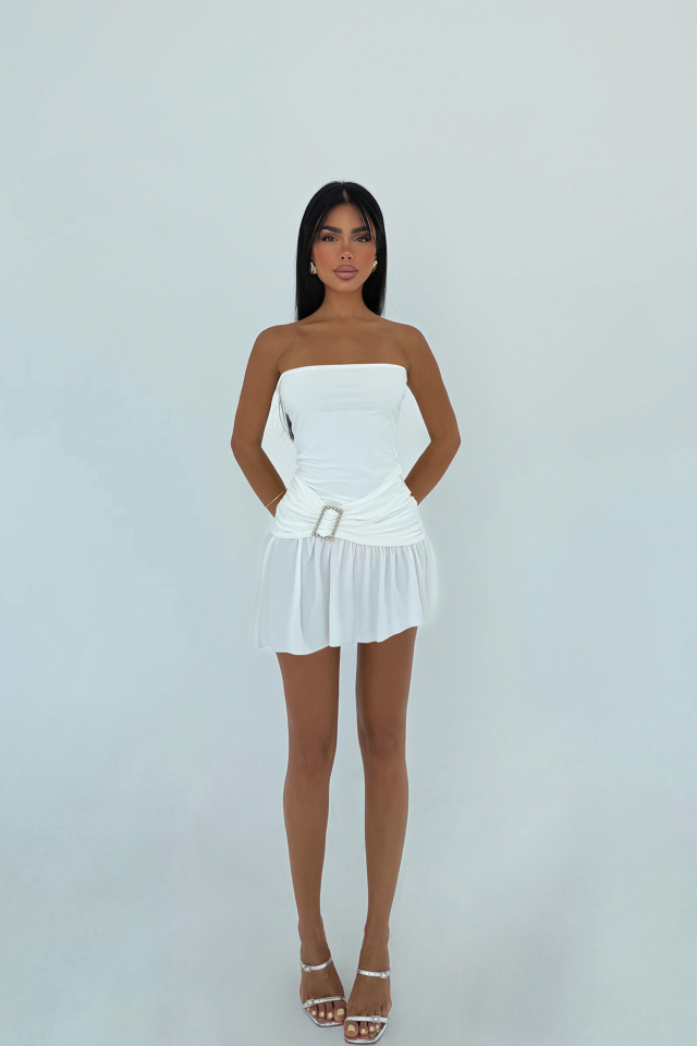 Beyaz Jody Mini Taş Aksesuarlı Elbise