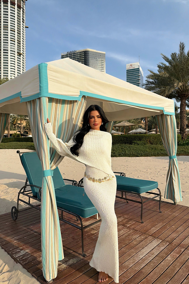 Beyaz Majorella Uzun Triko Elbise ATE-4652 - EYYO