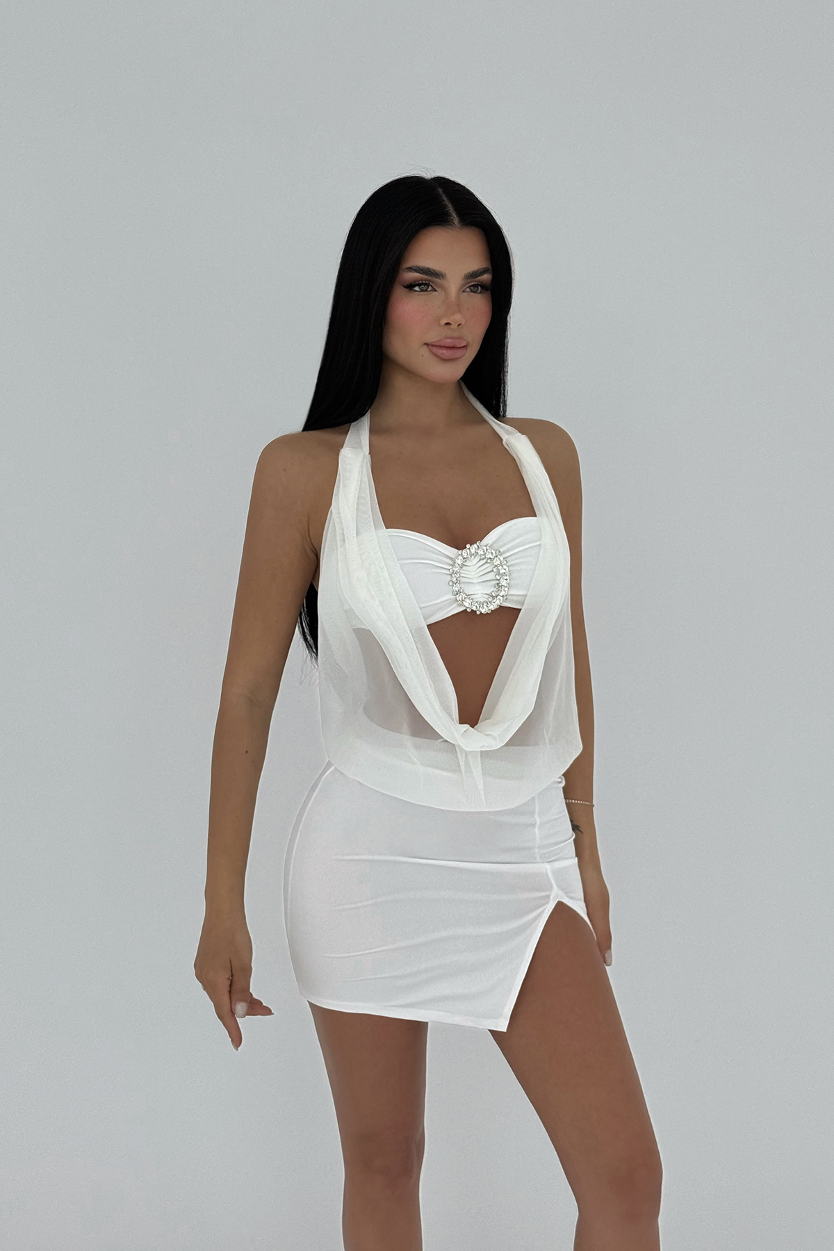 Fitted Dokulu Jersey Mini Elbise-Beyaz main image 1