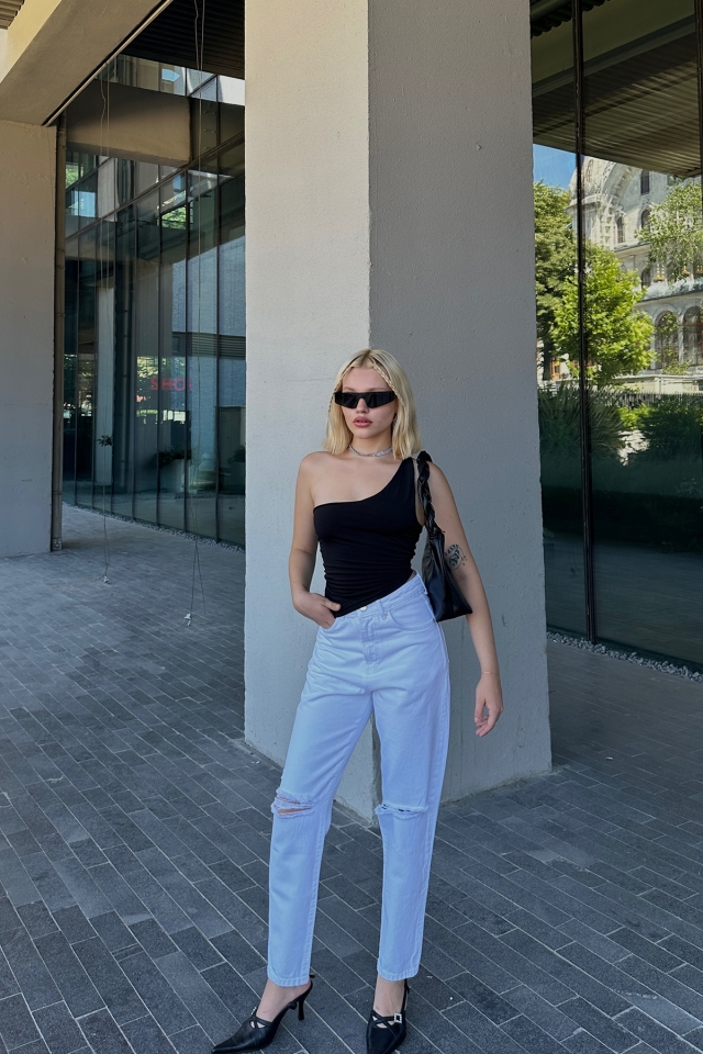 Beyaz Yırtık Yüksek Bel Jean ATE7765
