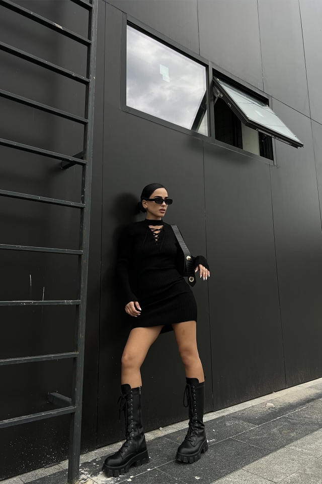 Black Knitwear Laced Dress ATE2073