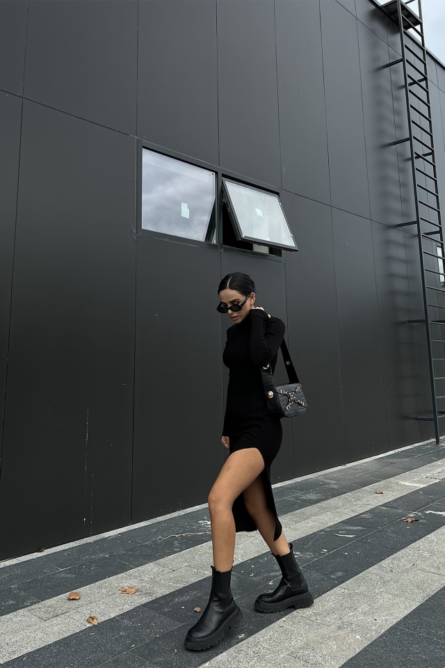 Black Knitwear Slit Detail Dress ATE2052