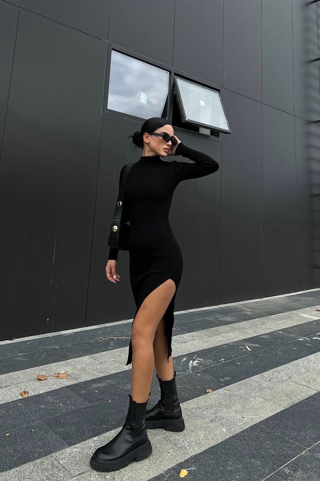 Black Knitwear Slit Detail Dress ATE2052