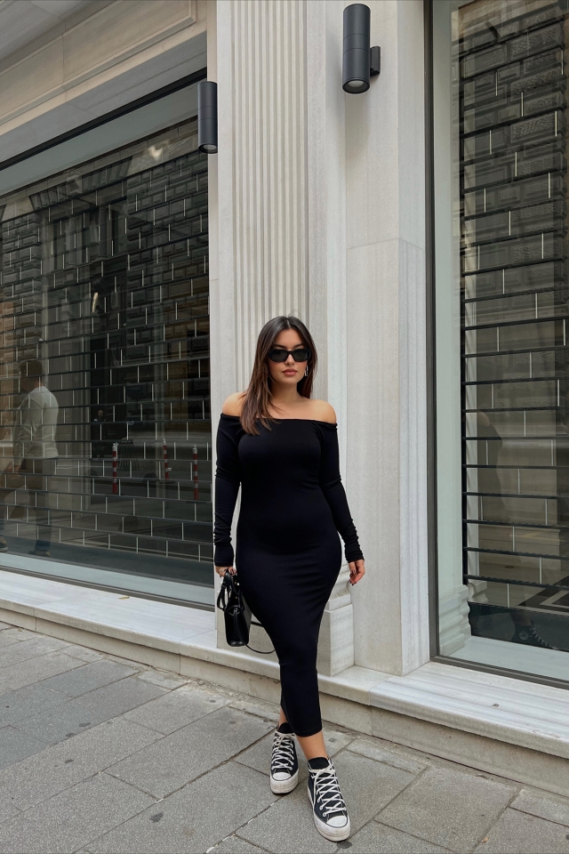 Black Low-Sleeve Long Dress ATE2255