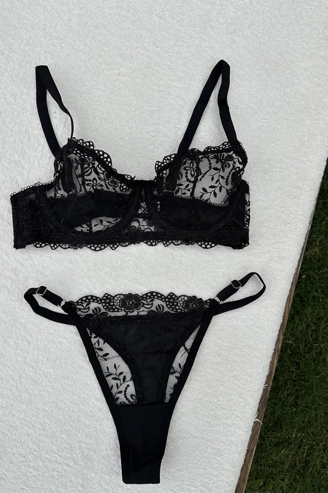 Black Plain Lace Detail Underwear ATE6342 - 