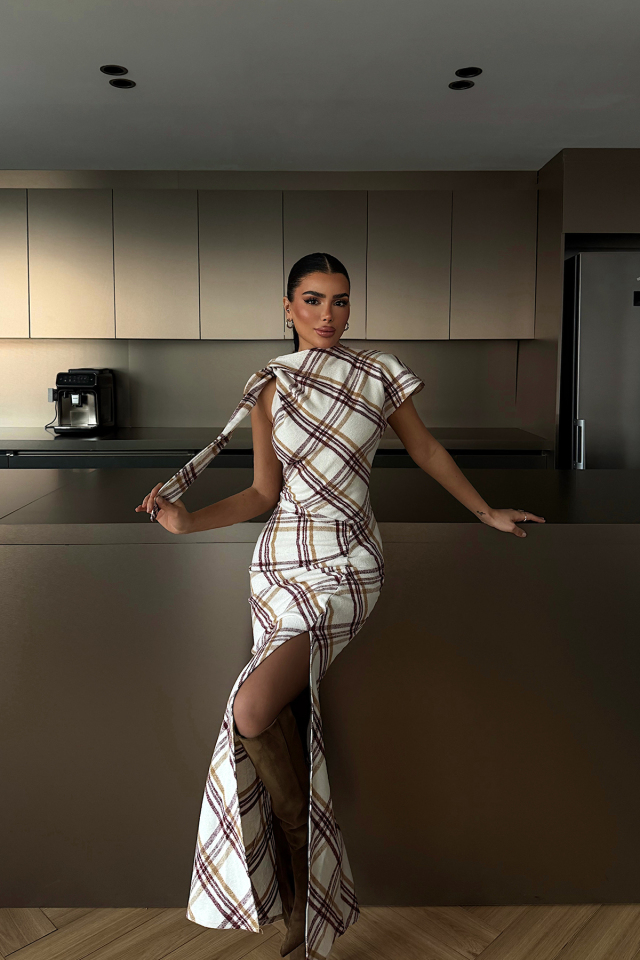 Bordo Aveline Desenli Yırtmaçlı Uzun Elbise