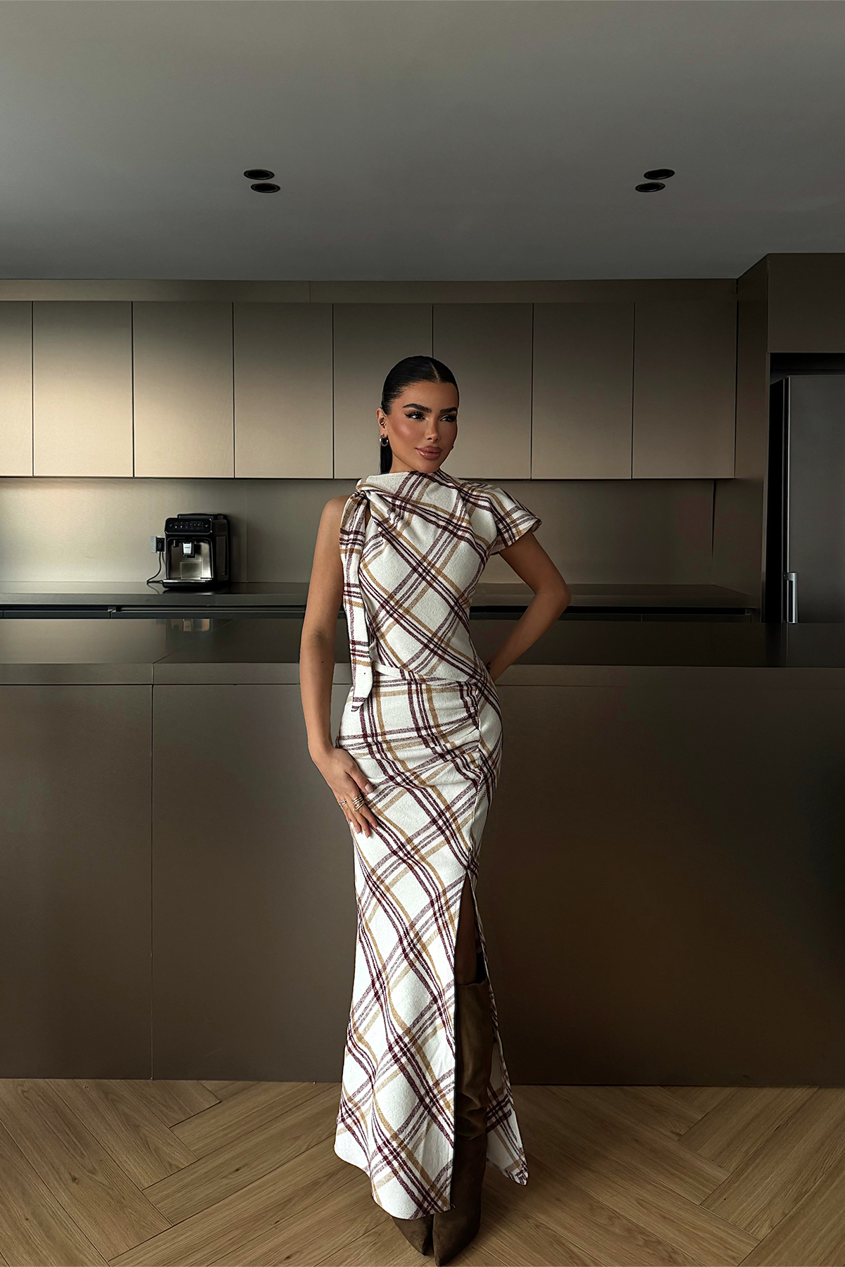 Bordo Aveline Desenli Yırtmaçlı Uzun Elbise ATE-4219