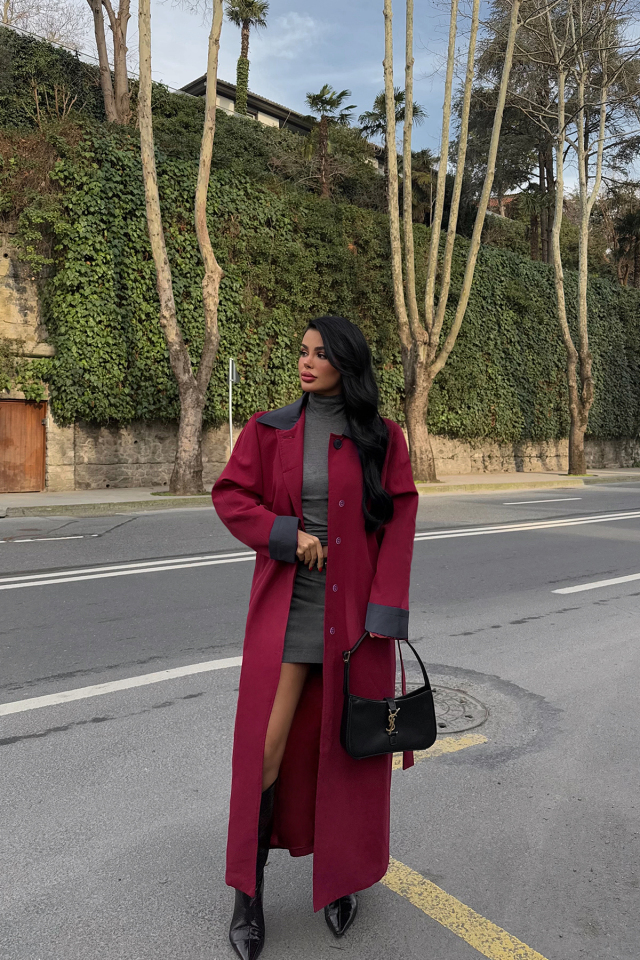 Bordo Gömlek Yaka Uzun Trenckot ATE-2035 - EYYO