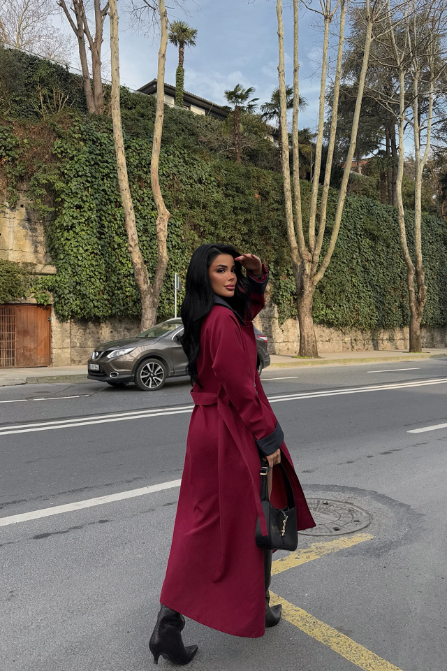 Bordo Gömlek Yaka Uzun Trenckot ATE-2035