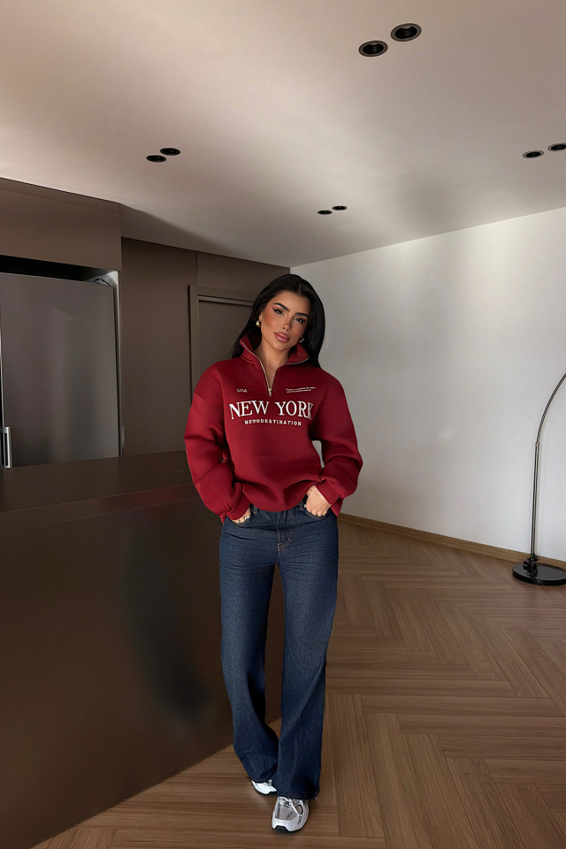 Bordo New York Fermuar Detay Sweatshirt ATE-4608