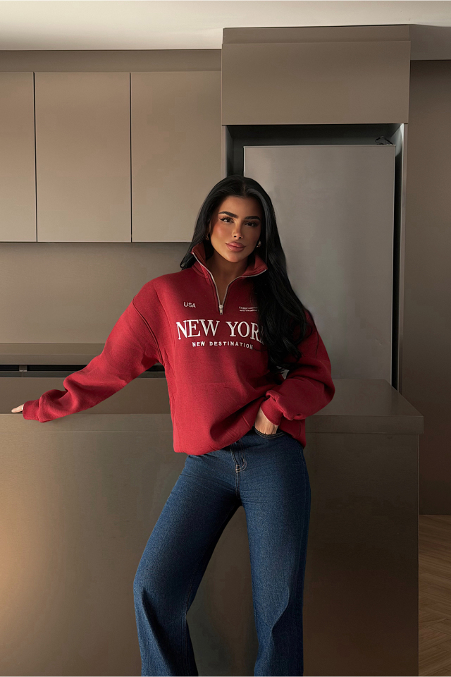 Bordo New York Fermuar Detay Sweatshirt ATE-4608