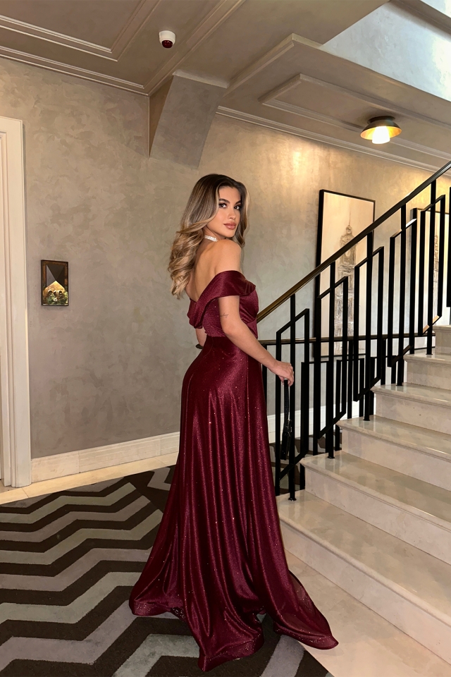 Bordo Simli Tül Uzun Abiye Elbise ATE6510