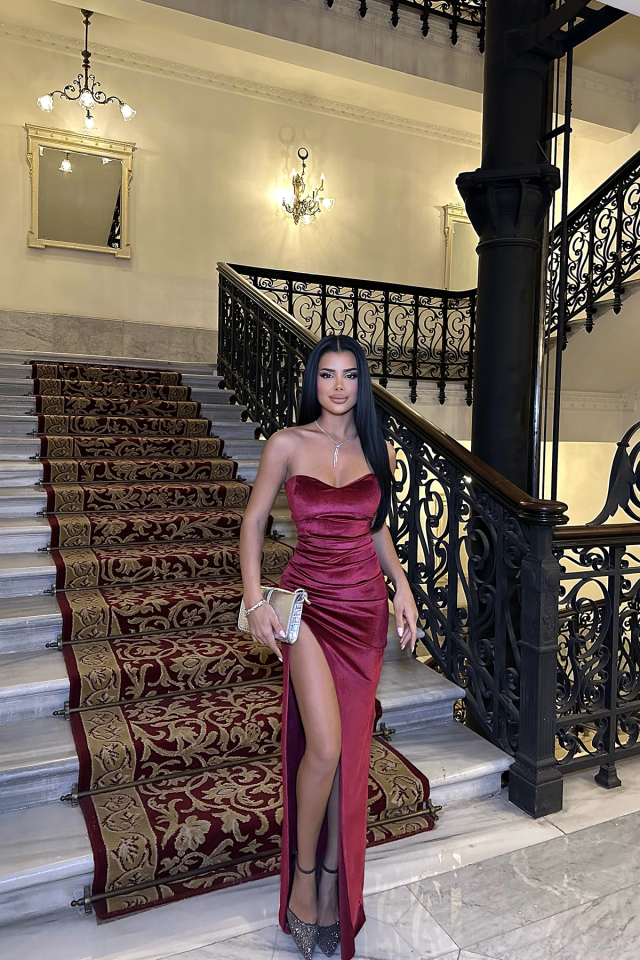 Bordo ROSE Straplez Derin Yırtmaçlı Elbise ATE-0470