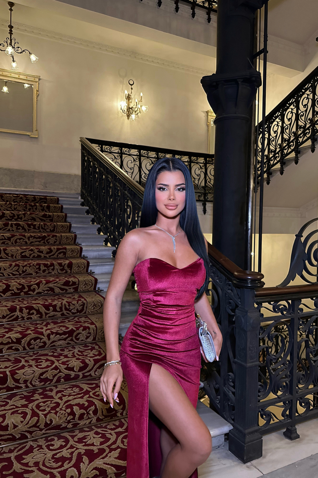 Bordo ROSE Straplez Derin Yırtmaçlı Elbise ATE-0470