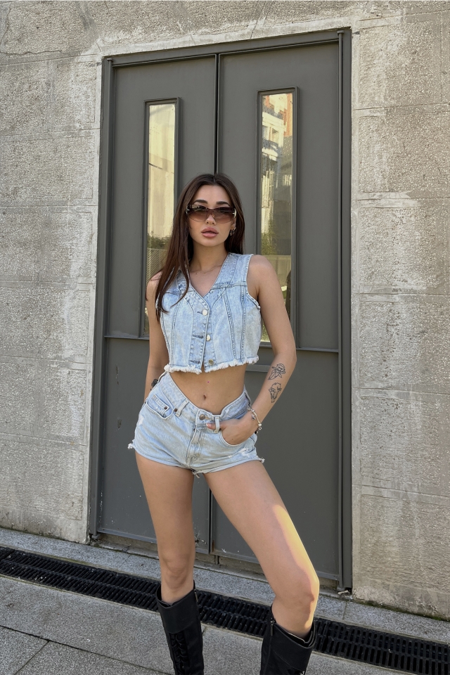 Buz Mavisi Önü Düğmeli Kot Yelek ATE5114 - EYYO