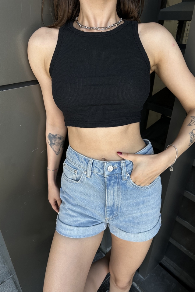 Buz Mavisi Yüksek Bel Denim Şort ATE7148