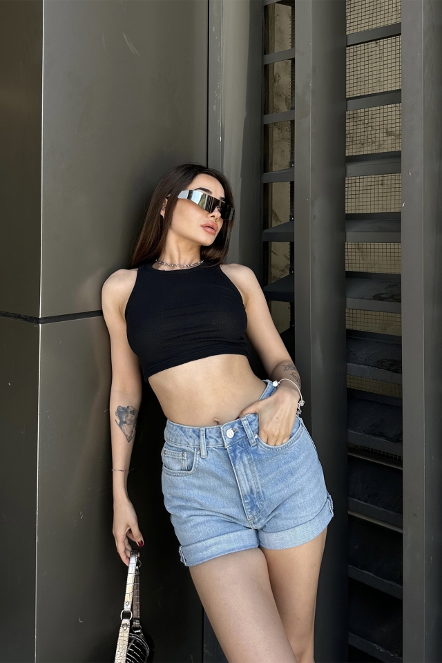 Buz Mavisi Yüksek Bel Denim Şort ATE7148 - EYYO