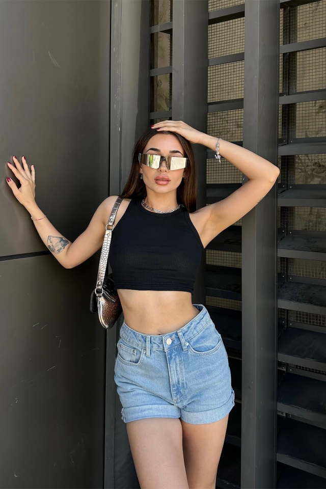 Buz Mavisi Yüksek Bel Denim Şort ATE7148
