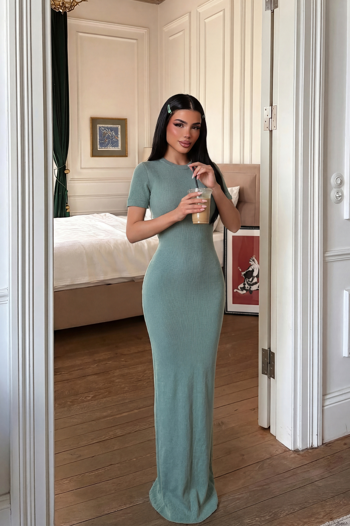 Çağla Yeşili Triko Uzun Elbise ATE-5562