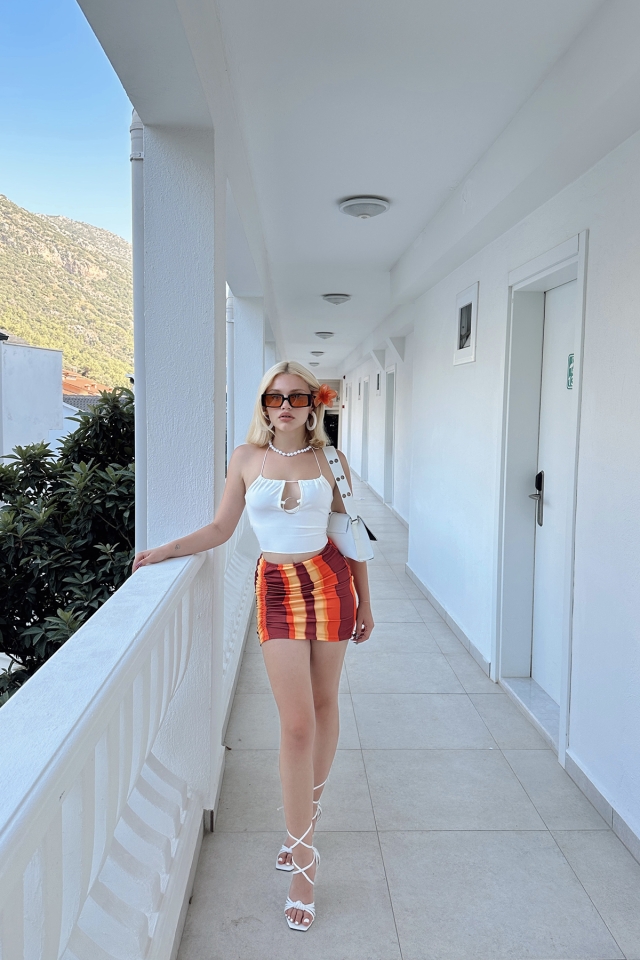 Çok Renkli Büzgülü Mini Etek ATE6713