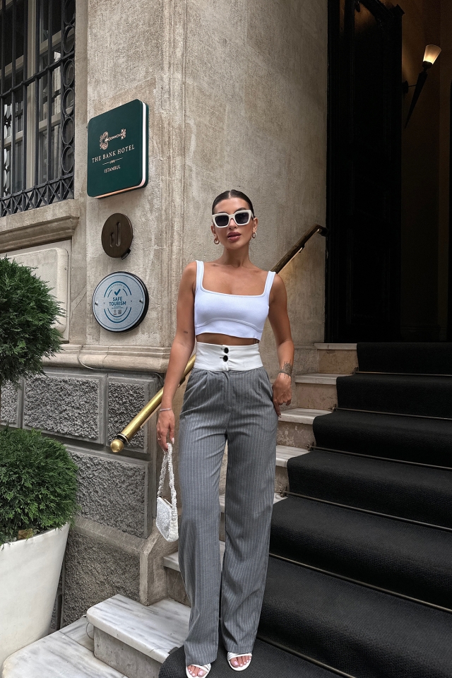 Füme Çizgili Yüksek Bel Pantolon