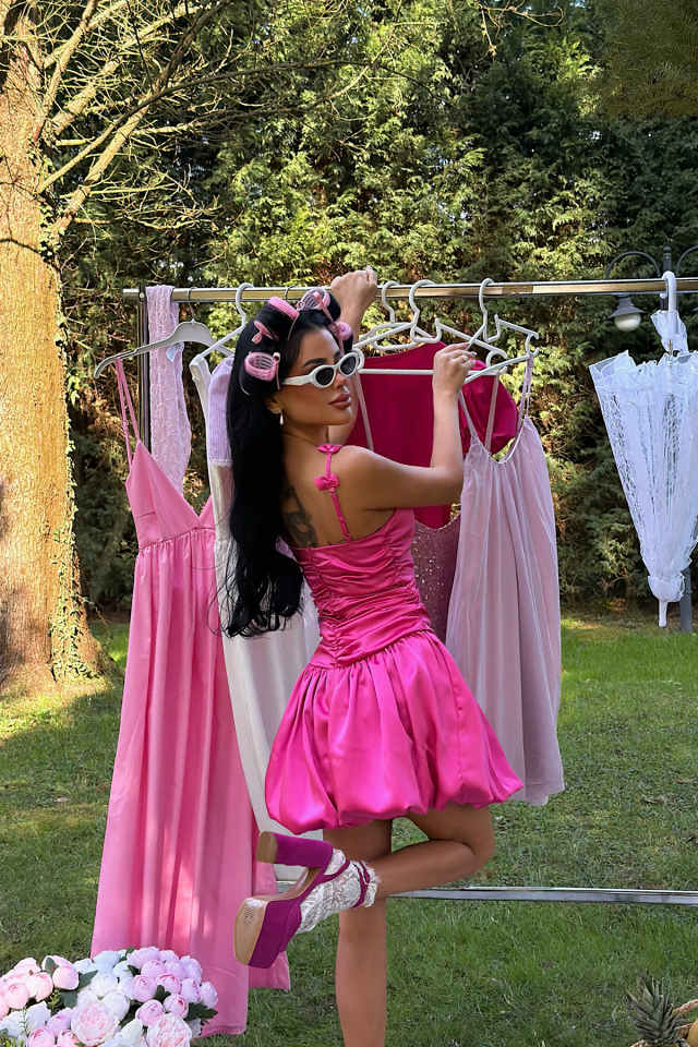 Fuşya Cecilia Askısı Fiyonk Detaylı Mini Balon Elbise ATE-3338