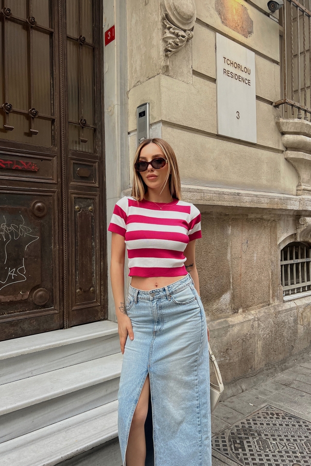 Fuşya Bisiklet Yaka Crop Top ATE6826
