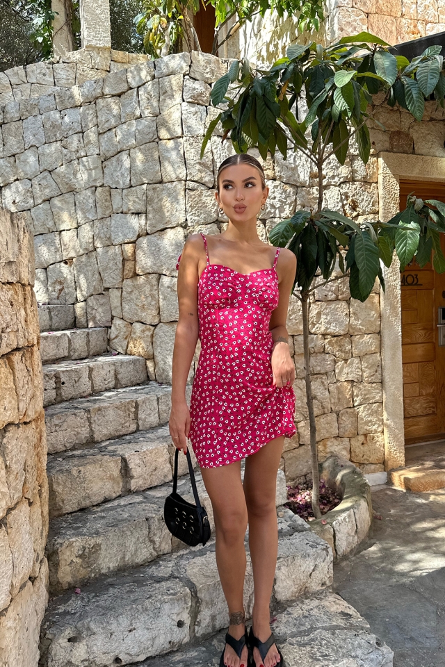 Fuşya Çiçek Desen Askılı Mini Elbise ATE7787 - EYYO