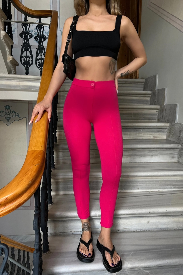 Fuşya Dikiş Detay Dar  Pantolon ATE4384