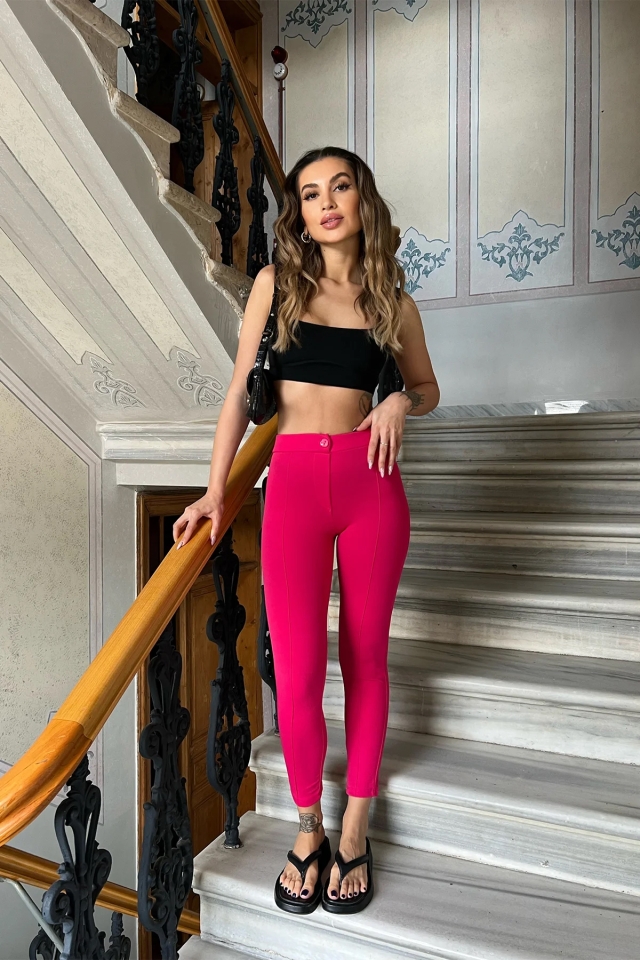 Fuşya Dikiş Detay Dar  Pantolon ATE4384