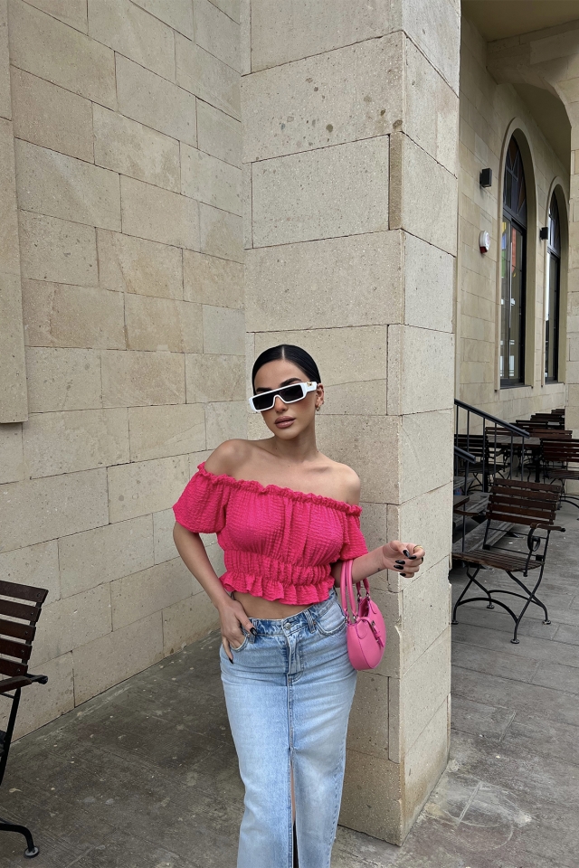 Fuşya Düşük Kol Crop Top ATE4487 - EYYO