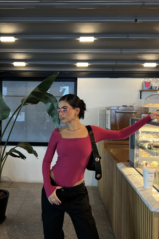 Fuşya Kare Yaka Bodysuit ATE3264 - EYYO