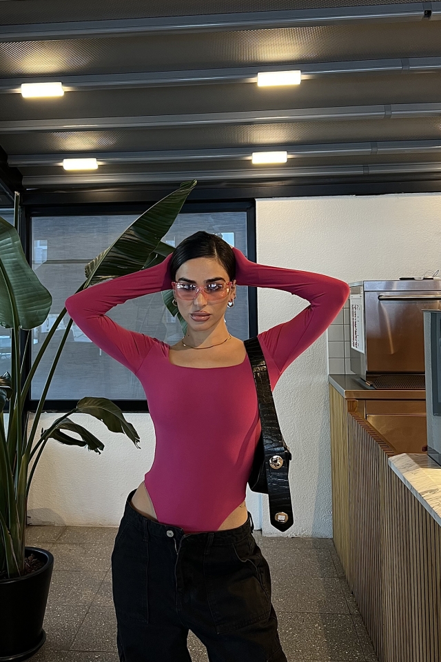 Fuşya Kare Yaka Bodysuit ATE3264