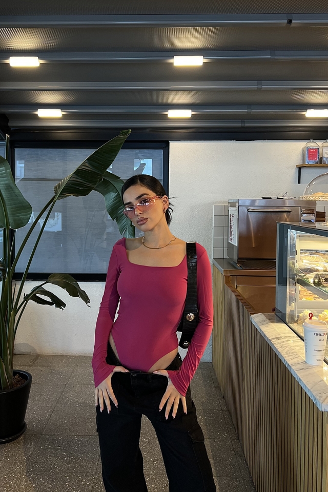 Fuşya Kare Yaka Bodysuit ATE3264