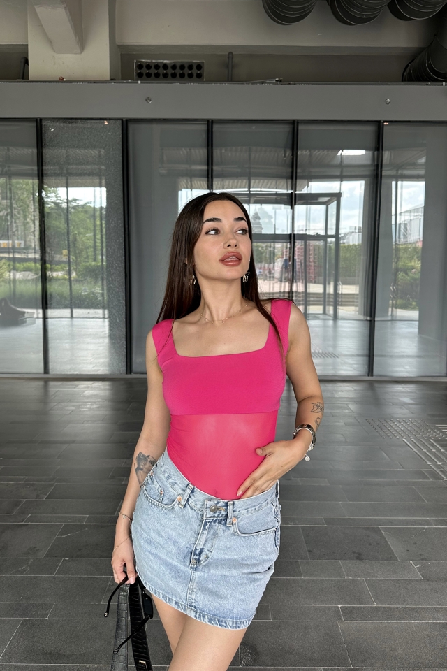 Fuşya Kare Yaka Tül Bodysuit ATE7422 - EYYO