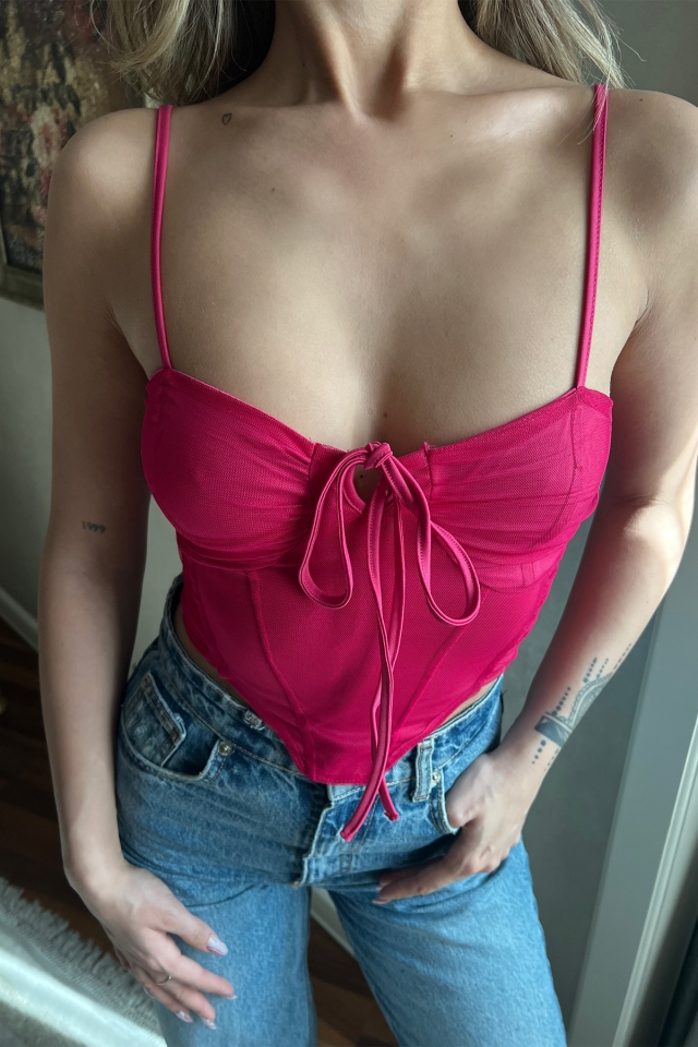 Fuşya Önden Bağlamalı Crop Top ATE4024