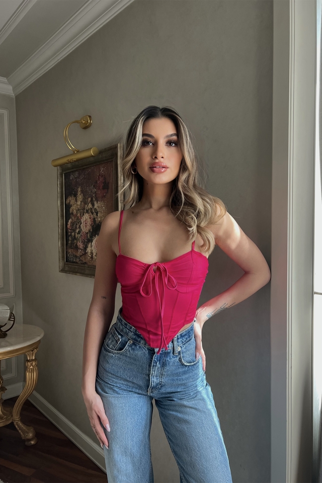 Fuşya Önden Bağlamalı Crop Top ATE4024