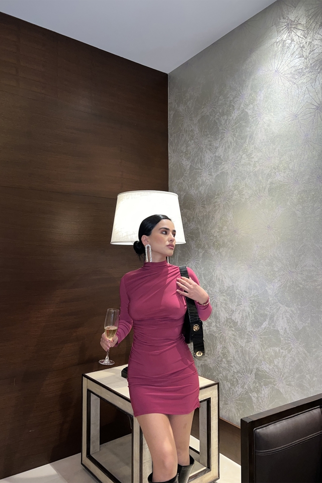 Fuşya Önü Büzgülü Mini Elbise ATE3395