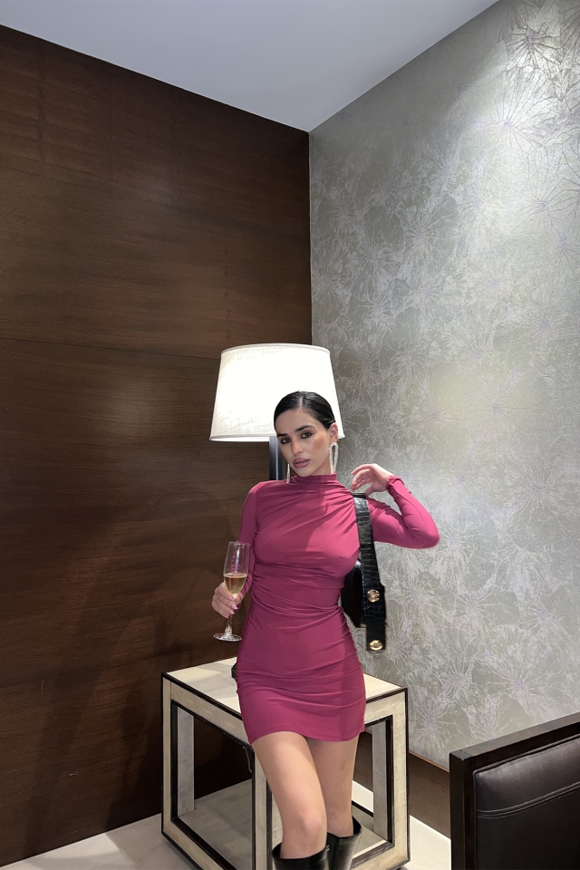 Fuşya Önü Büzgülü Mini Elbise ATE3395