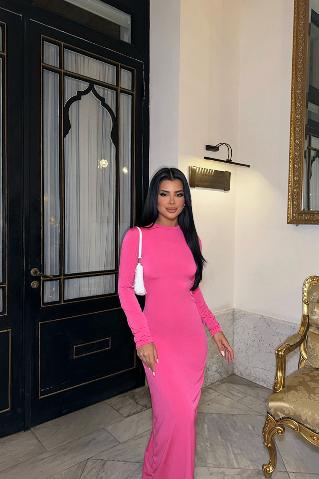 Fuşya Sırt Detay Uzun Elbise ATE-0204